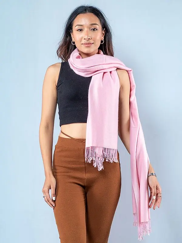 Pashmina Silk Plain Stole from Nepal with Beaded Fringe