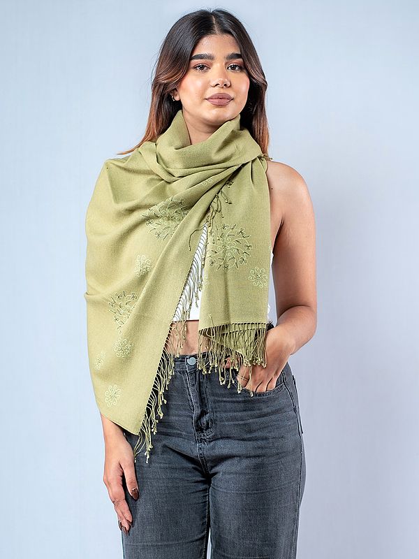 Olive Green Pashmina Silk Stole with Flower Motif Embroidery and Fringe from Nepal