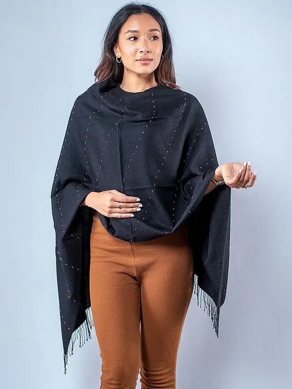 Black Pashmina Silk Stole from Nepal with Diagonal Line Pattern and Fringe
