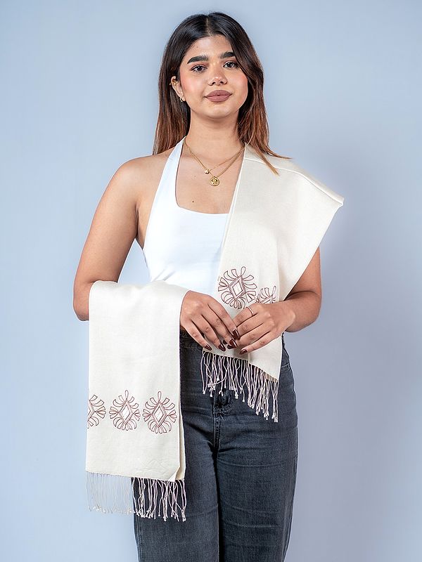 White Pashmina Silk Scarf from Nepal with Bead-Thread Embroidery on Border