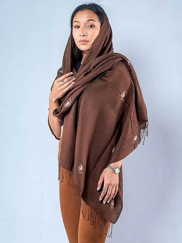Flower Pattern Pashmina Silk Embroidered Stole with Fringe from Nepal