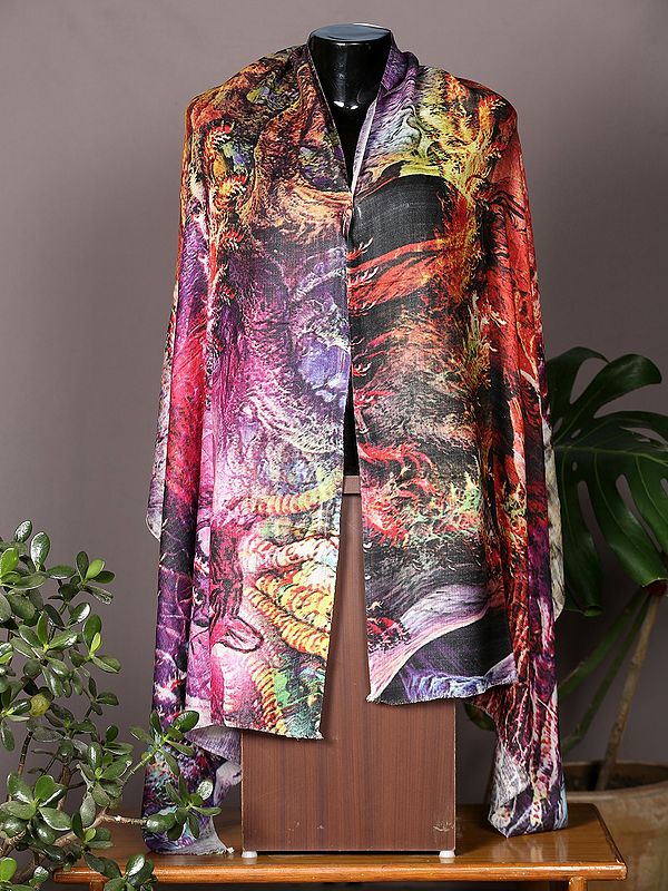 Multicolour Pashmina Stole from Nepal with Digital Animal Print Design