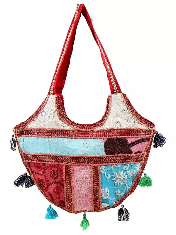 Assorted Patchwork Embellished Handcrafted Floral Medium Upcycled Shoulder Bag with Tassels from Jaipur