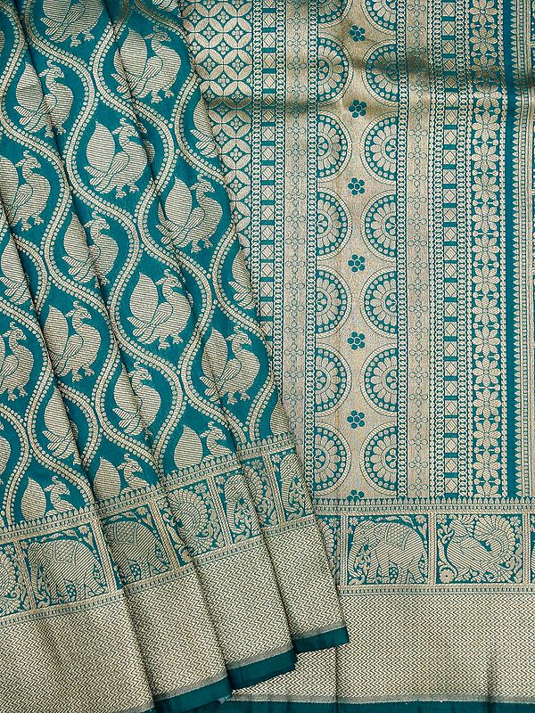 Blue-Moon Banarasi Peacock Feather Jaal Pattern Katan Silk Saree With All-Over Zari Woven