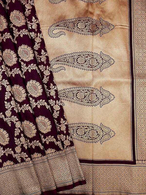 New-Maroon Katan Silk Banarasi Saree With Damask Floral Jaal Motif And Mango Motif On Pallu