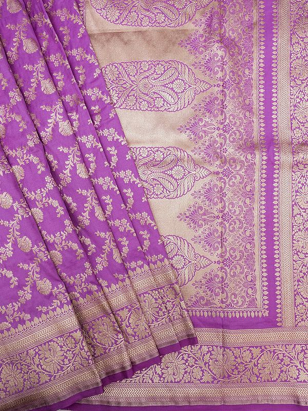 Purple Banarasi Katan Silk Saree With Floral-Leaf Vine Motif With All-Over Woven Zari