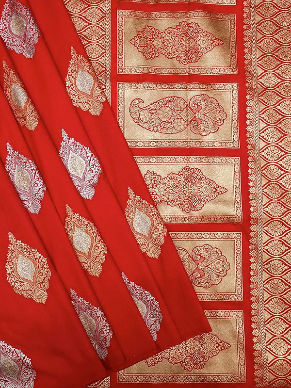 Poppy-Red Katan Silk Banarasi Saree with Brocaded Floral Motif and All-Over Woven Zari