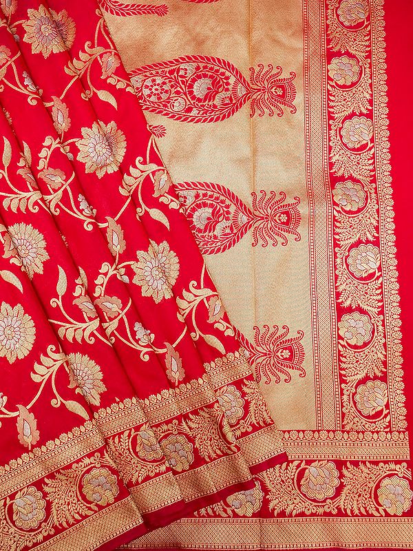 Red Katan Silk Banarasi Saree With Bail Pattern With Paisley Motif Border