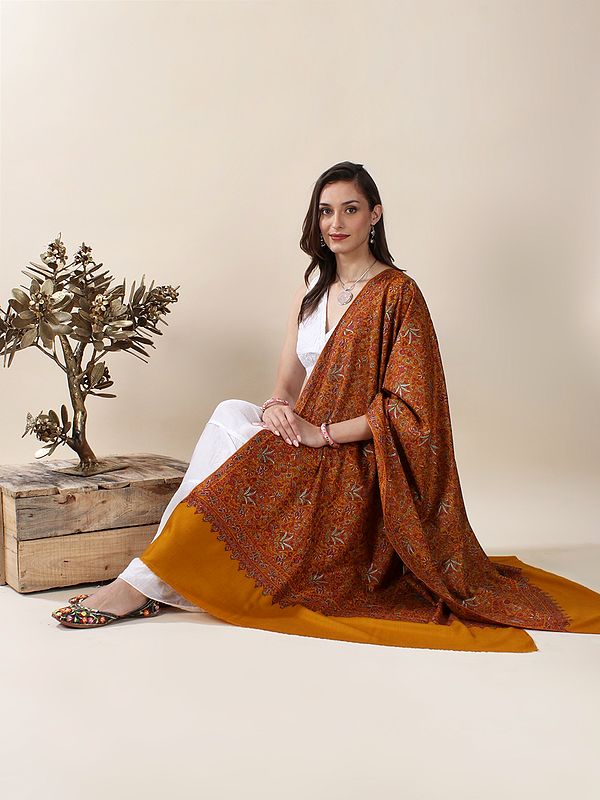 Desert-Sun Pure Pashmina Jamawar Sozni Hand-Embroidered Shawl With All-Over Multicolor Phoola-Kalga Vine Pattern