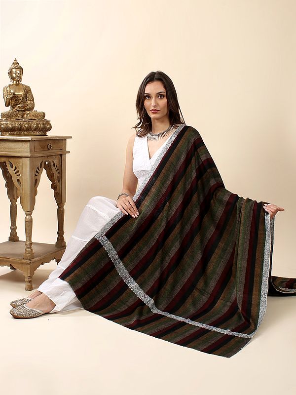 Multicolor Dress Pattern Stripe Diamond Weave Pure Pashmina Hand-Embroidered Sozni Shawl with Floral Border (GI Certified)
