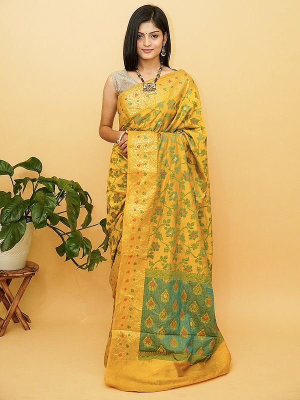 Speactra-Yellow Jorjet Silk Banarasi Saree With Blooming Floral Vine Pattern And All-Over Meena Work