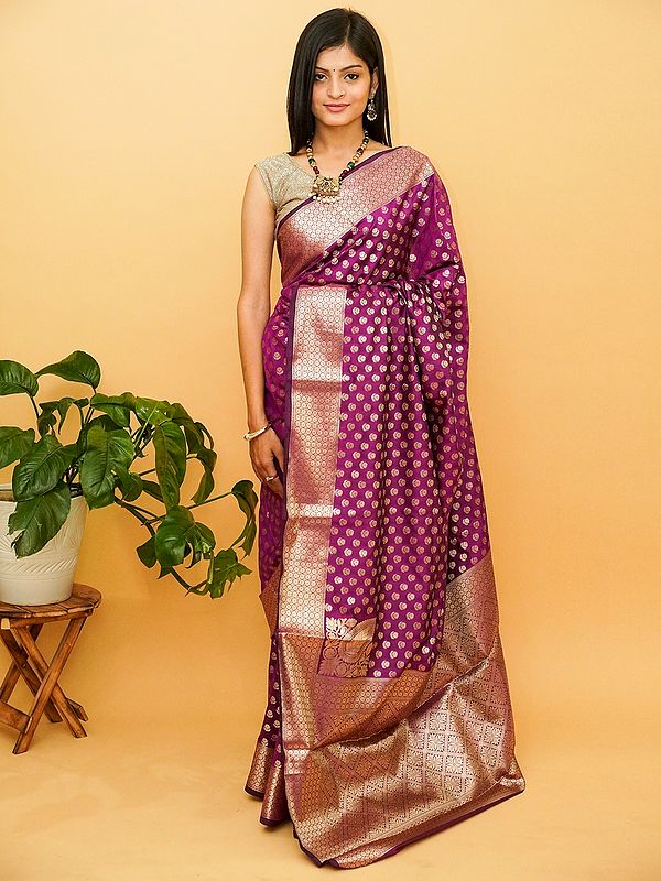 Purple-Wine Semi Silk Banarasi Saree With Repeat Floral Butta And Diamond Motif Border