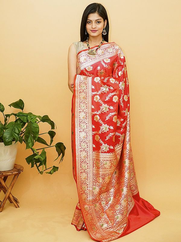 True-Red Satin Meena Work Banarasi Saree With Hibiscus Flower Jaal Pattern