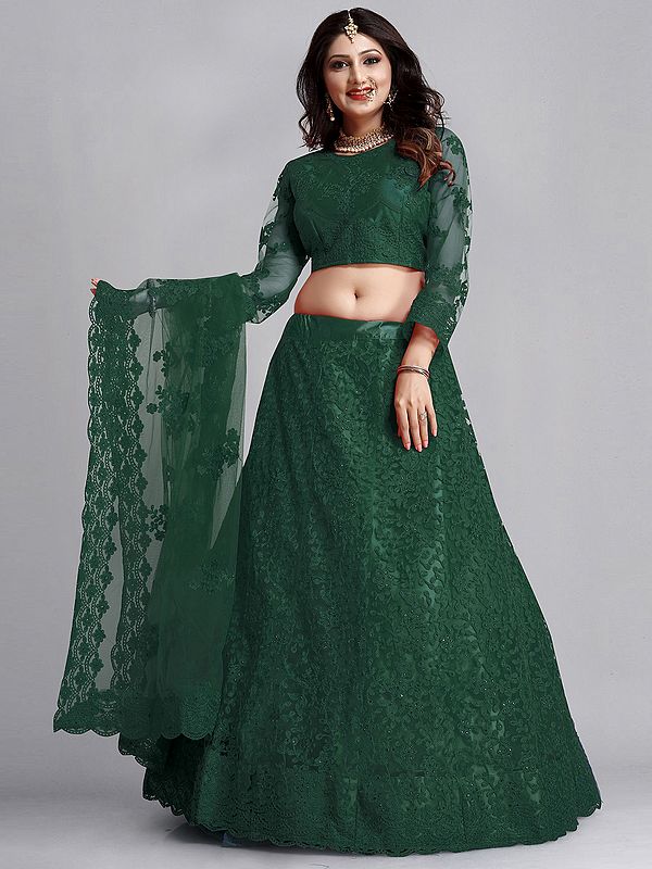 Net Scalloped Lehenga Choli With Phool Bail Pattern With All-Over Thread Embroidery And Dupatta