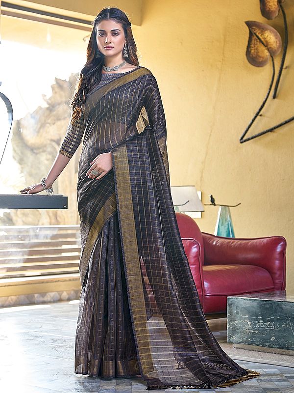 Cotton Zari Woven Fabric Saree With Fancy Jhalar And Jacquard Check Pattern Blouse
