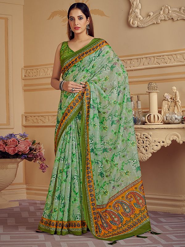 Cotton Sequence Floral Vine Digital Print Saree with Blouse and Mango Butta on Border-Pallu