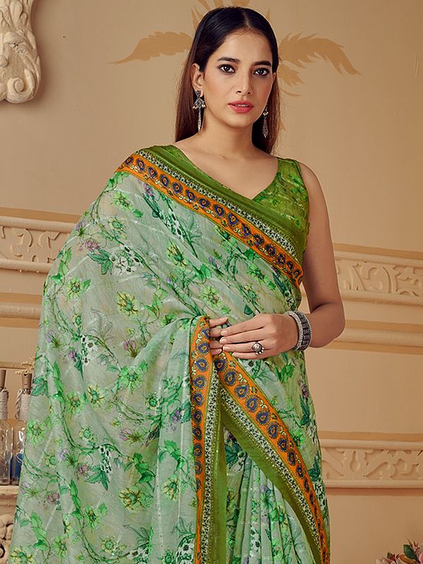 Cotton Sequence Floral Vine Digital Print Saree with Blouse and Mango ...