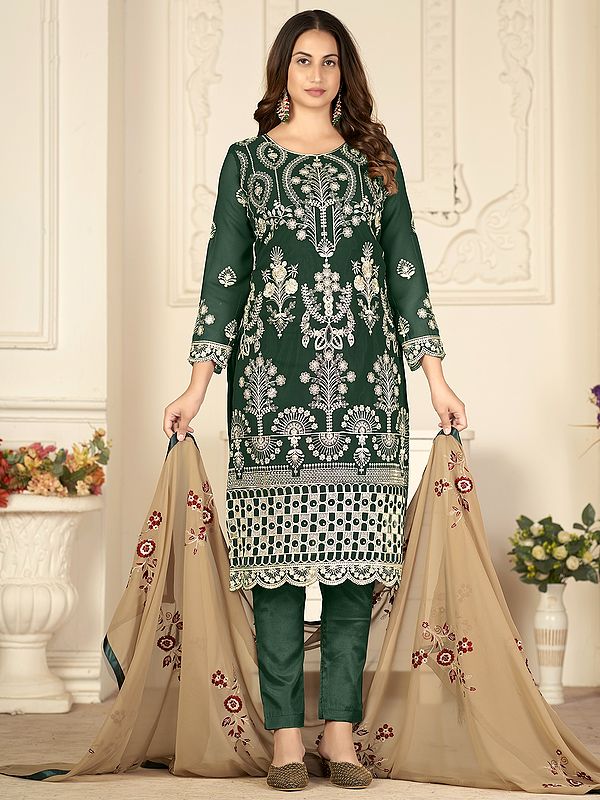 Georgette Thread-Sequins Embroidered Lawn Style Salwar Suit With Mughal Motif And Cream Dupatta