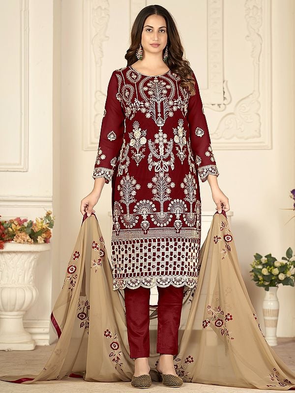 Georgette Thread-Sequins Embroidered Lawn Style Salwar Suit with Mughal Motif and Cream Dupatta