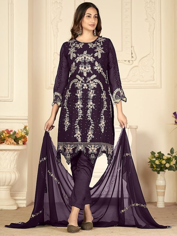 Georgette Designer Lawn Salwar Suit with Vine Pattern Thread-Sequins Embroidery and Matching Dupatta