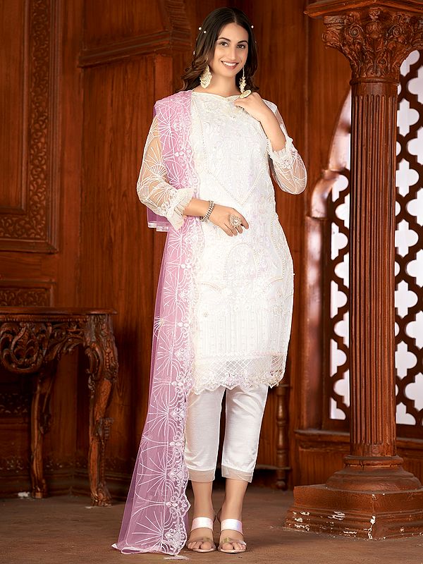 Net Lawn Style Salwar Suit with Thread-Sequins Floral Embroidery and Scalloped Pattern Net Dupatta