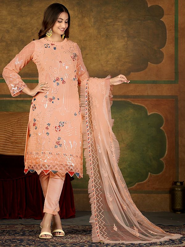 Georgette Lawn Suits With All-Over Floral Meena Thread-Sequins Embroidery And Ruffle Net Dupatta