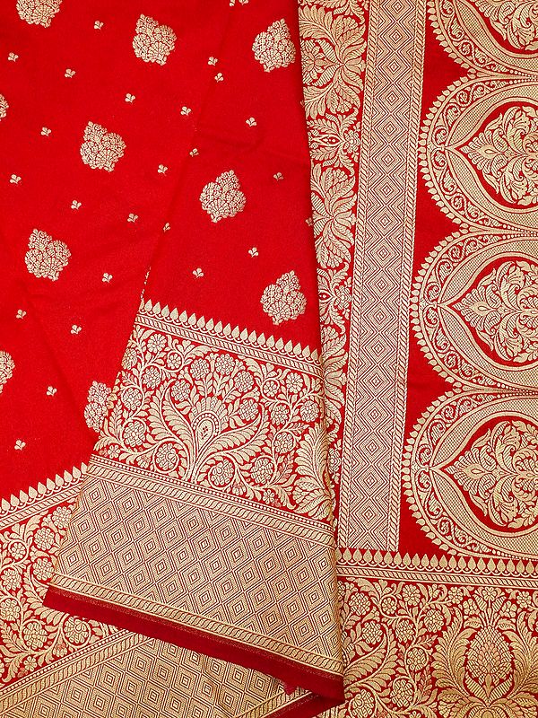Red Katan Silk Banarasi Saree With Mughal Butti On The Body And Floral-Diamond Pattern Border