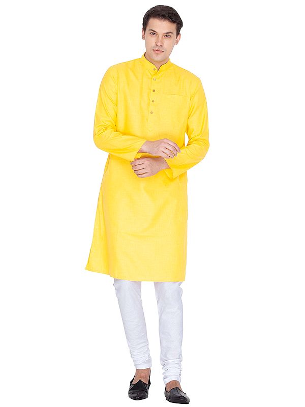Cotton Linen Blend Yellow Plain Kurta With White Churidar Pajama