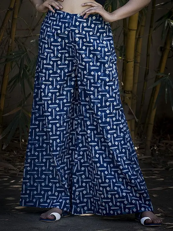 Indigo-Blue Cotton Geometric Printed Palazzo