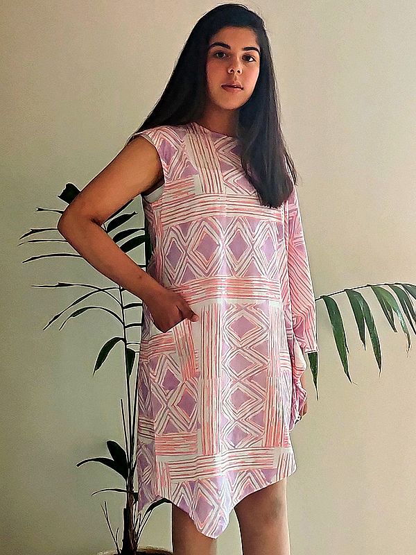 Amethyst One Shoulder Kaftan Dress with Geometrical Print and Pocket