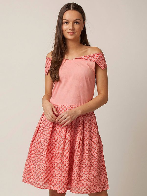 Pink Cotton Pink Off-Shoulder Floral Printed A-Line Dress