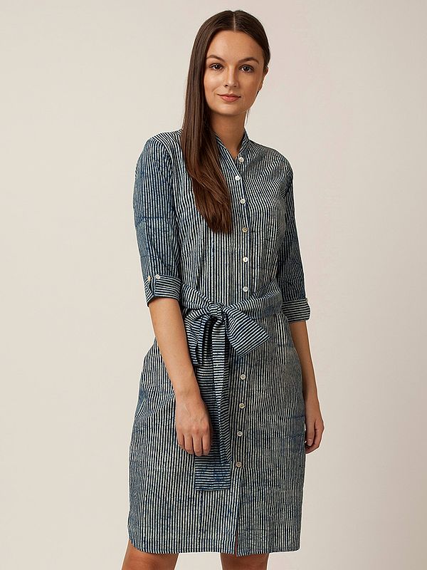 Cotton Classic Shirt Dress with Japanese Swirl Print Pattern