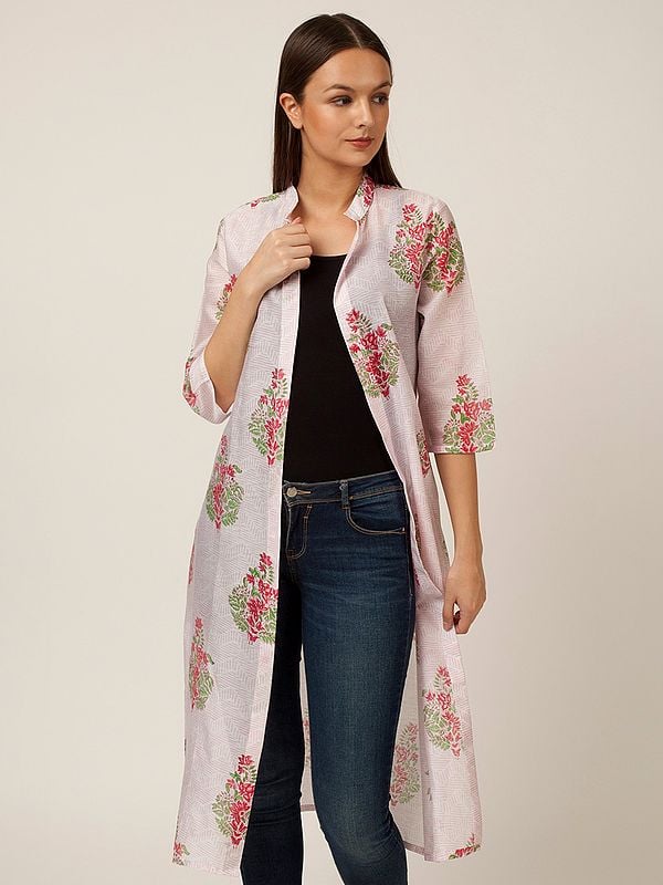 Chanderi Silk Mughal Motif Printed Long Jacket