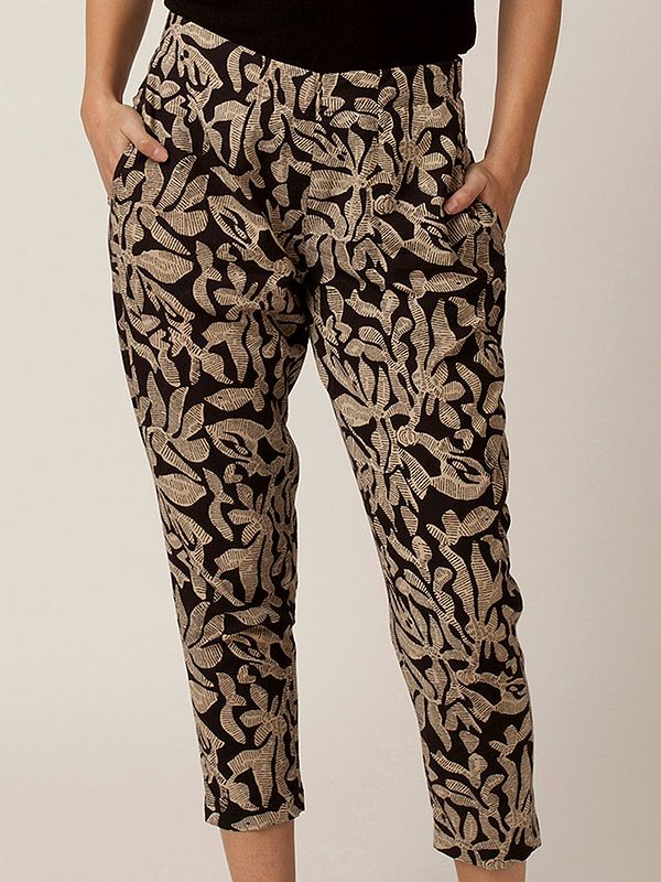 Brown Floral Printed Straight Pants with Side Pockets