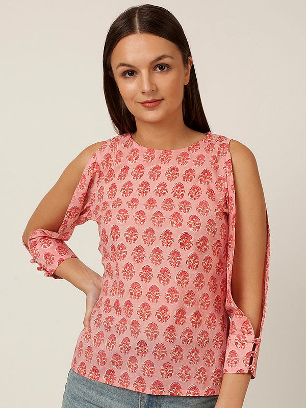 Cotton Cold-Shoulder Printed Top and Back Pintuck