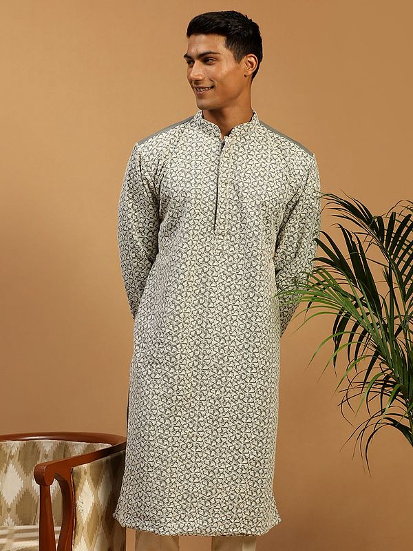 Grey Georgette Floral Vine Thread Embroidery Kurta