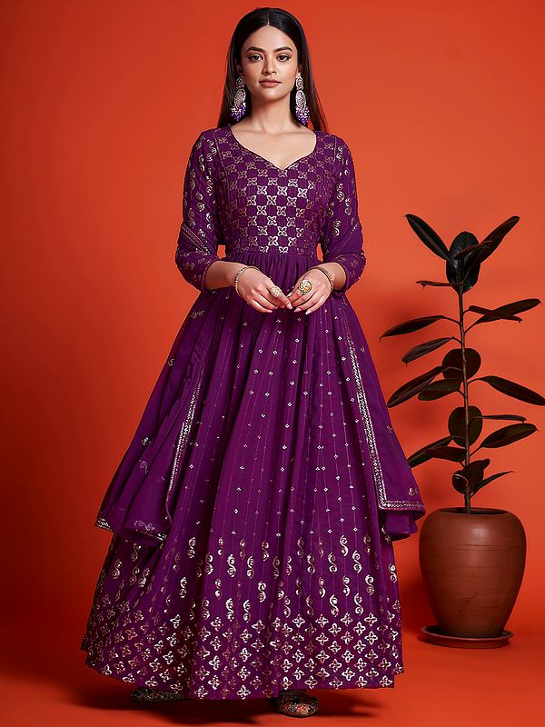 Georgette Anarkali Style Pencil Stripes Pattern Gown with Thread-Sequins Embroidery and Designer Dupatta
