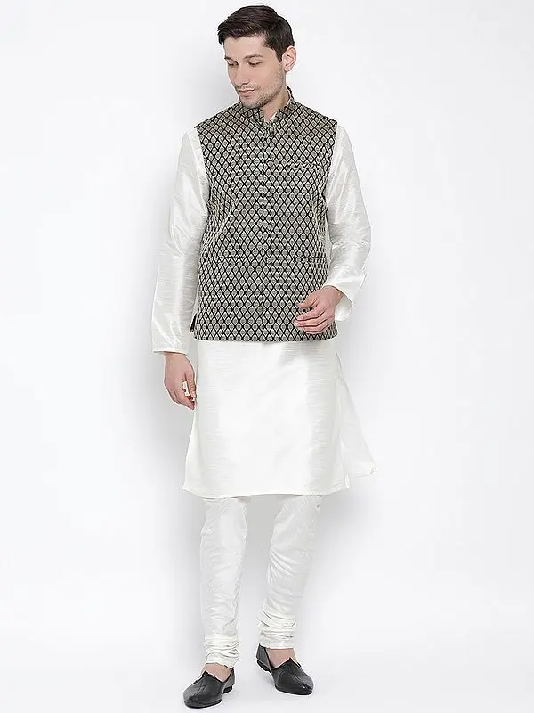 Silk Blend Kurta Pajama with Jacquard Weave Modi Jacket