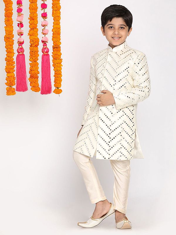 Cream Silk Blend Mirror Work Zig-Zag Pattern Sherwani With Viscose Pajama