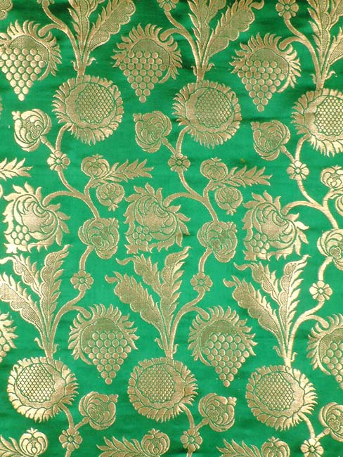 Green Floral Brocade Fabric with Golden Thread Weave by Hand