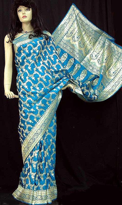 Turquoise Banarasi Sari with Jaal Embroidery
