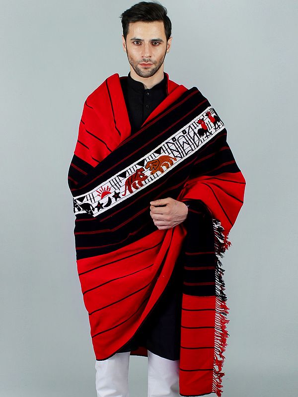 Red and Black Hand-Knit Shawl from Nagaland