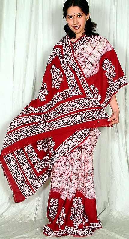 White and Maroon Batik Sari