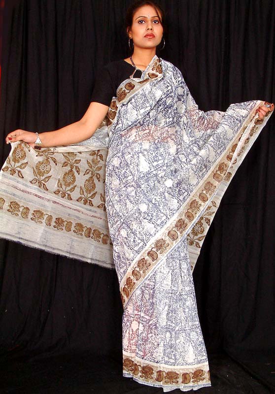 White Contemporary Sari With Navy Blue Abstract Print