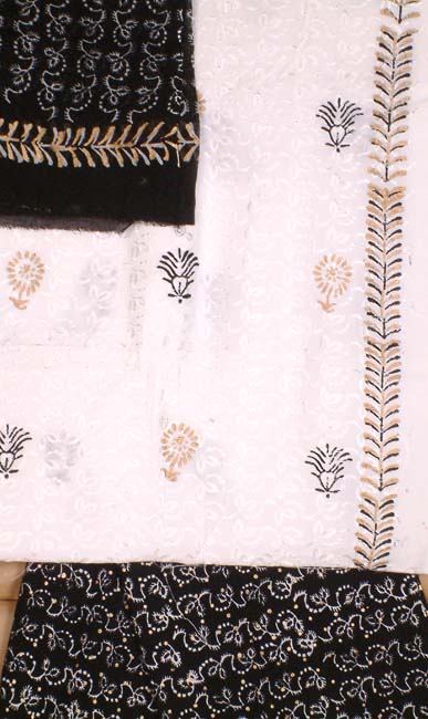 White Embroidered Kameez with Printed Black Dupatta and Salwar