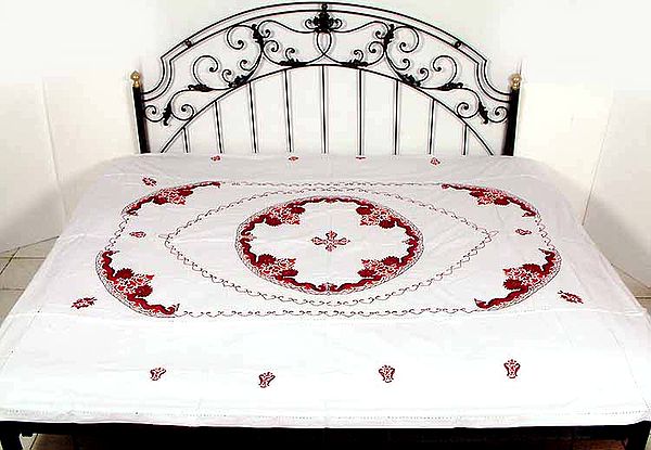 White Kashmiri Bedspread with Hook-Needle Embroidery