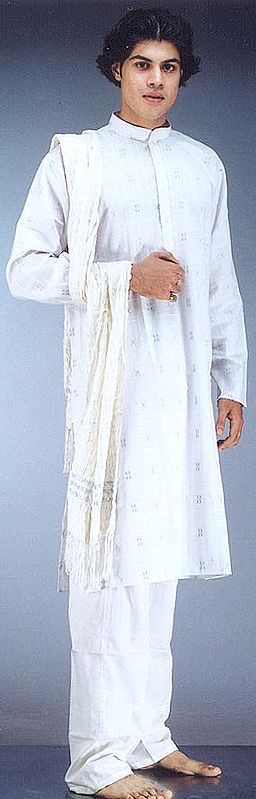 White Kurta Pajama Set with Checks in Self