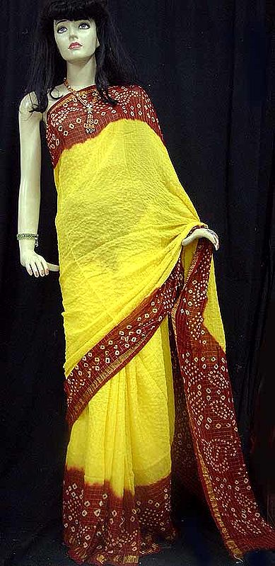 Yellow And Red Crepe Bandhini Sari