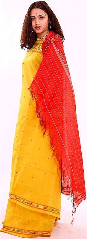 Yellow and Red Ikat Sari from Orissa with Rudraksha Border