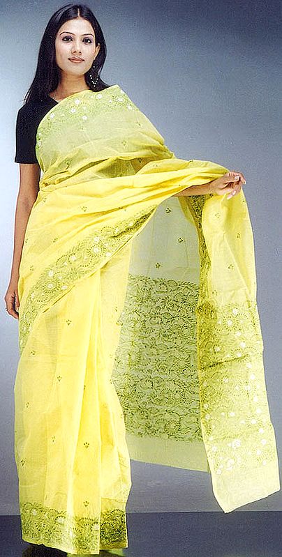 Yellow Kantha Stitch Sari